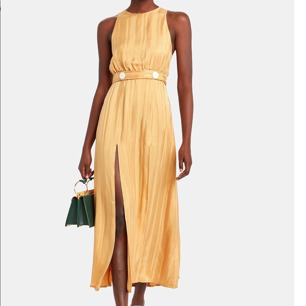 Shona Joy Golden Yellow Pleated Maxi Dress with Front Slit